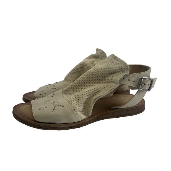 Miz Mooz Fifi Leather Ankle Strap Sandals Studs Gladiator Flat Cream 41 9.5 Wide - Picture 2 of 13